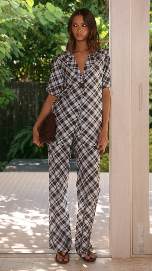 Imogen High Rise Wide Leg Elasticated Waist Trousers – Chocolate/Blue Plaid