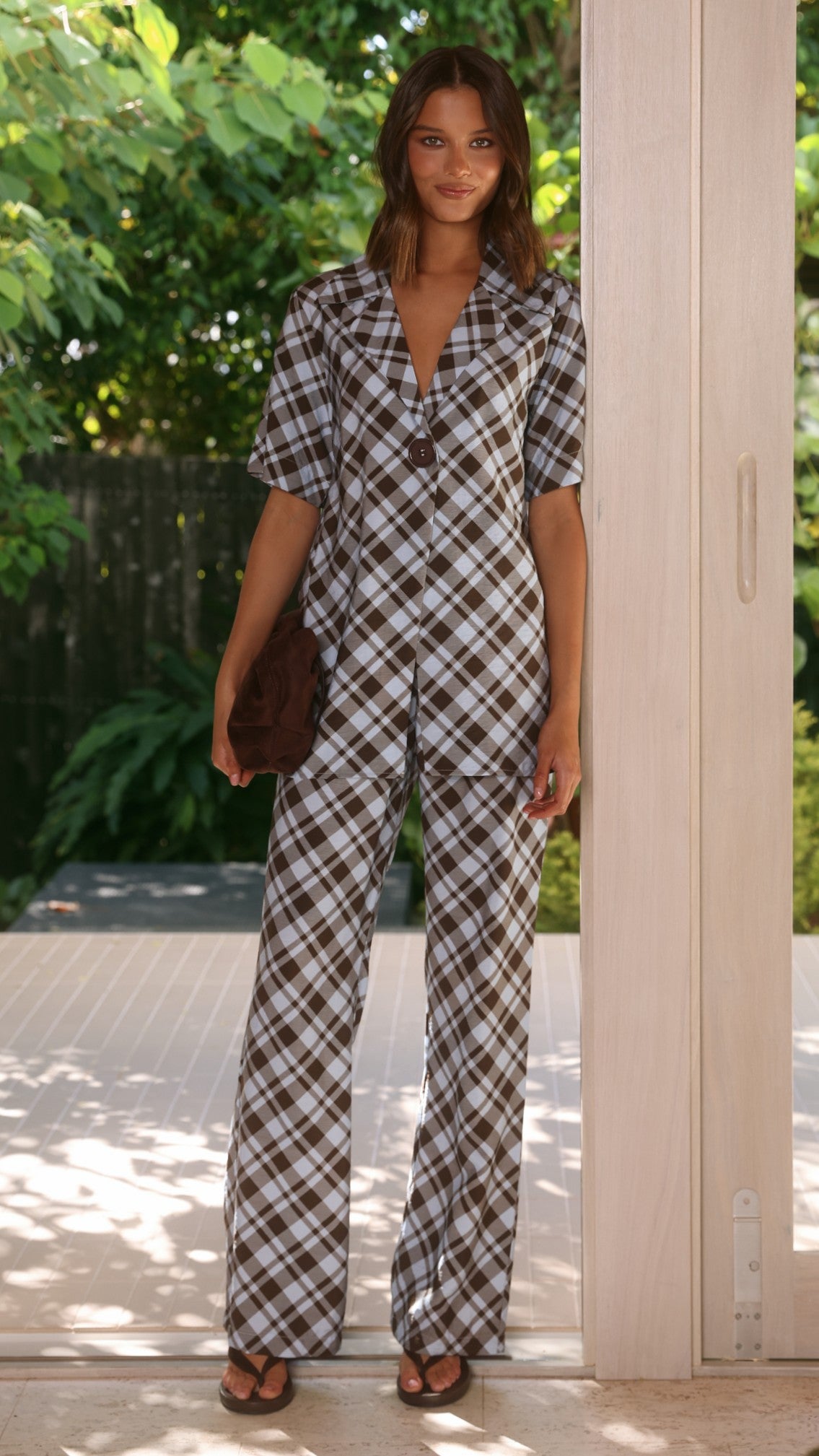Imogen High Rise Wide Leg Elasticated Waist Trousers – Chocolate/Blue Plaid