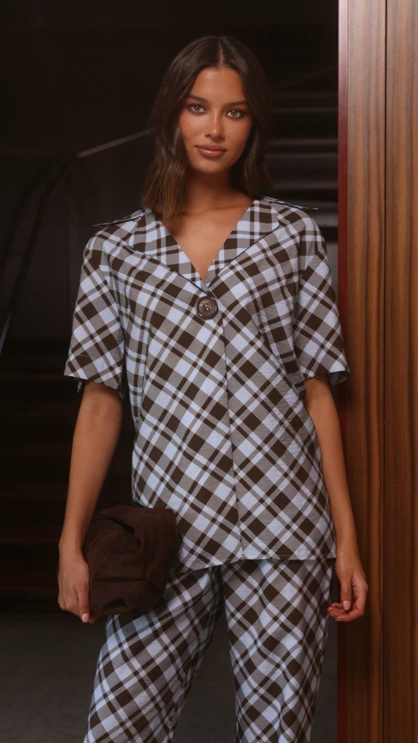 Imogen Oversized Short Sleeve Button Shirt – Chocolate/Blue Plaid