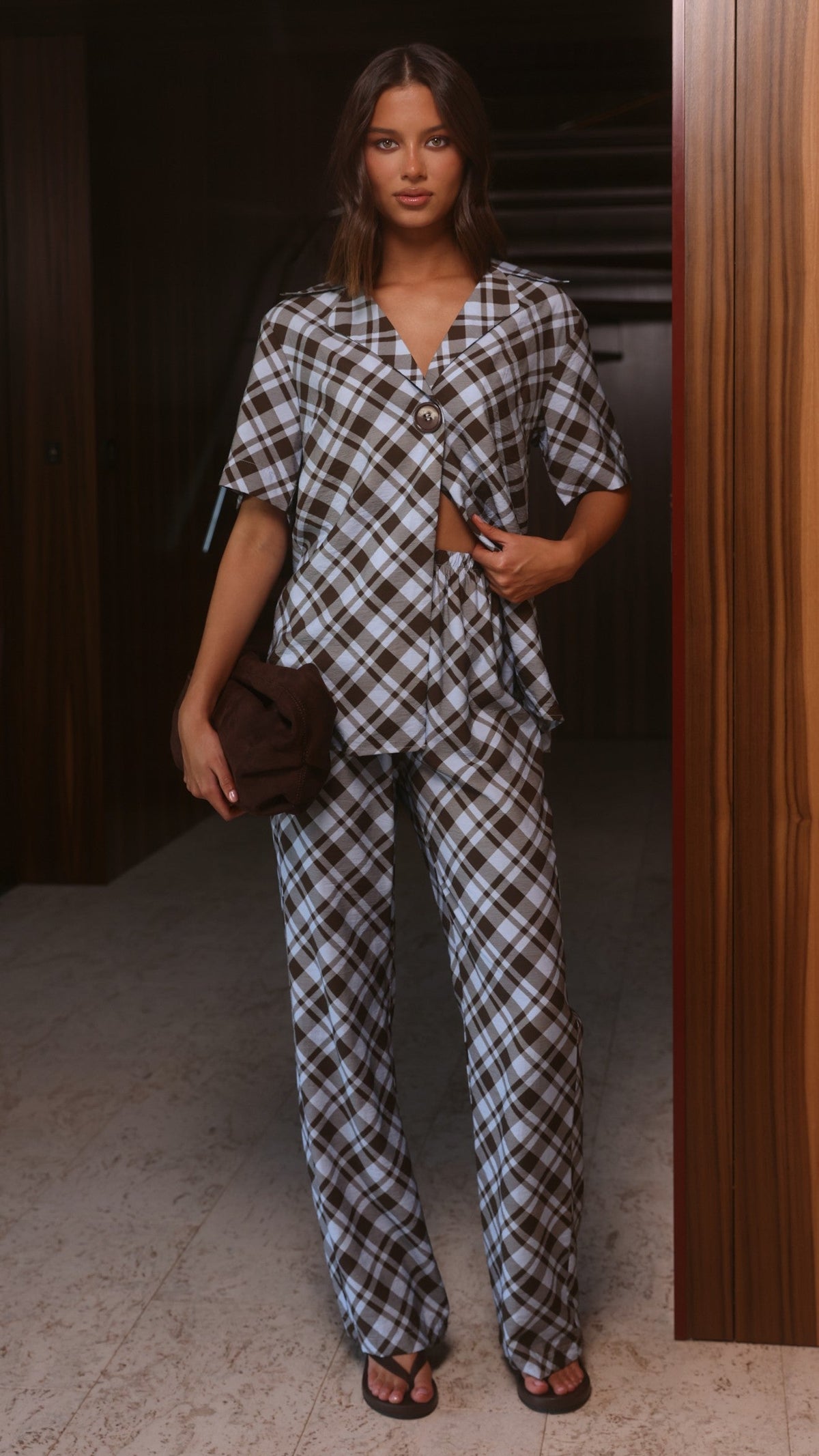 Imogen High Rise Wide Leg Elasticated Waist Trousers – Chocolate/Blue Plaid