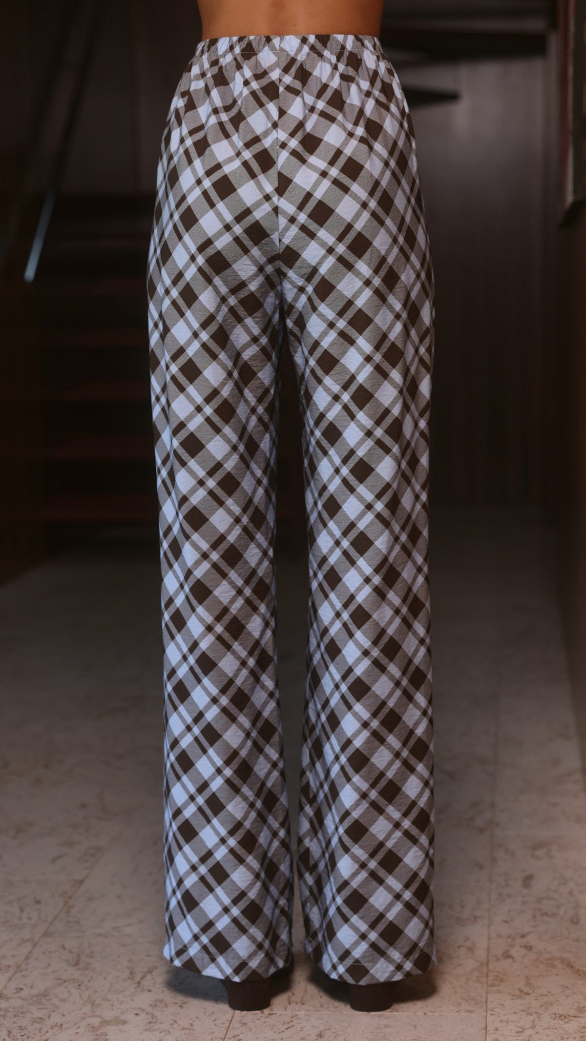 Imogen High Rise Wide Leg Elasticated Waist Trousers – Chocolate/Blue Plaid