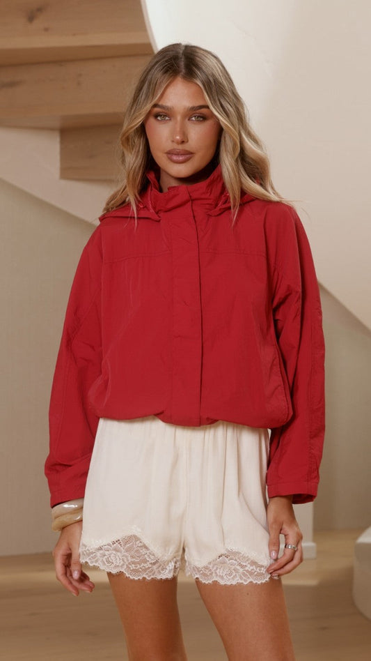 Sari Hooded Bomber Jacket with Toggle Hem – Red