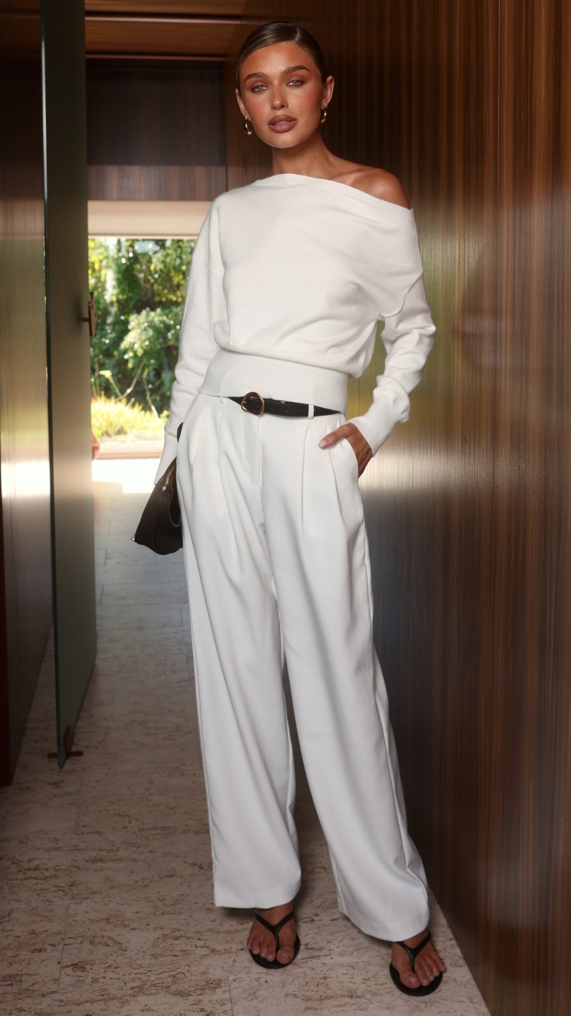 Talia Wide Neck Off Shoulder Knit Top with Ribbed Cuffs – White – view 7