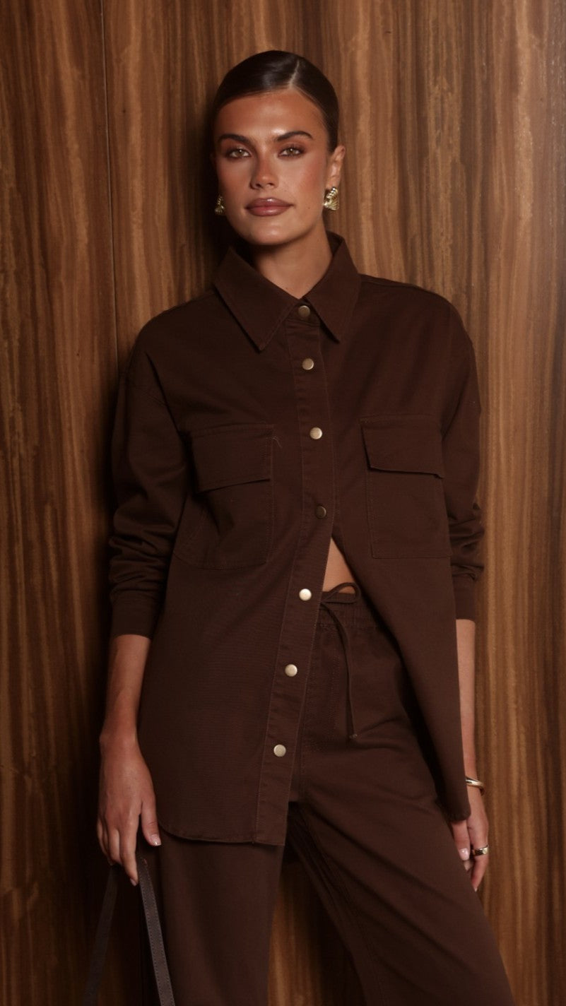 Zenia Collared Long Sleeve Denim Shirt with Pockets – Chocolate – view 1