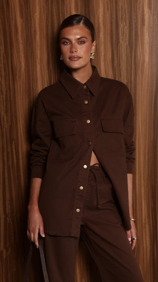 Zenia Collared Long Sleeve Denim Shirt with Pockets – Chocolate