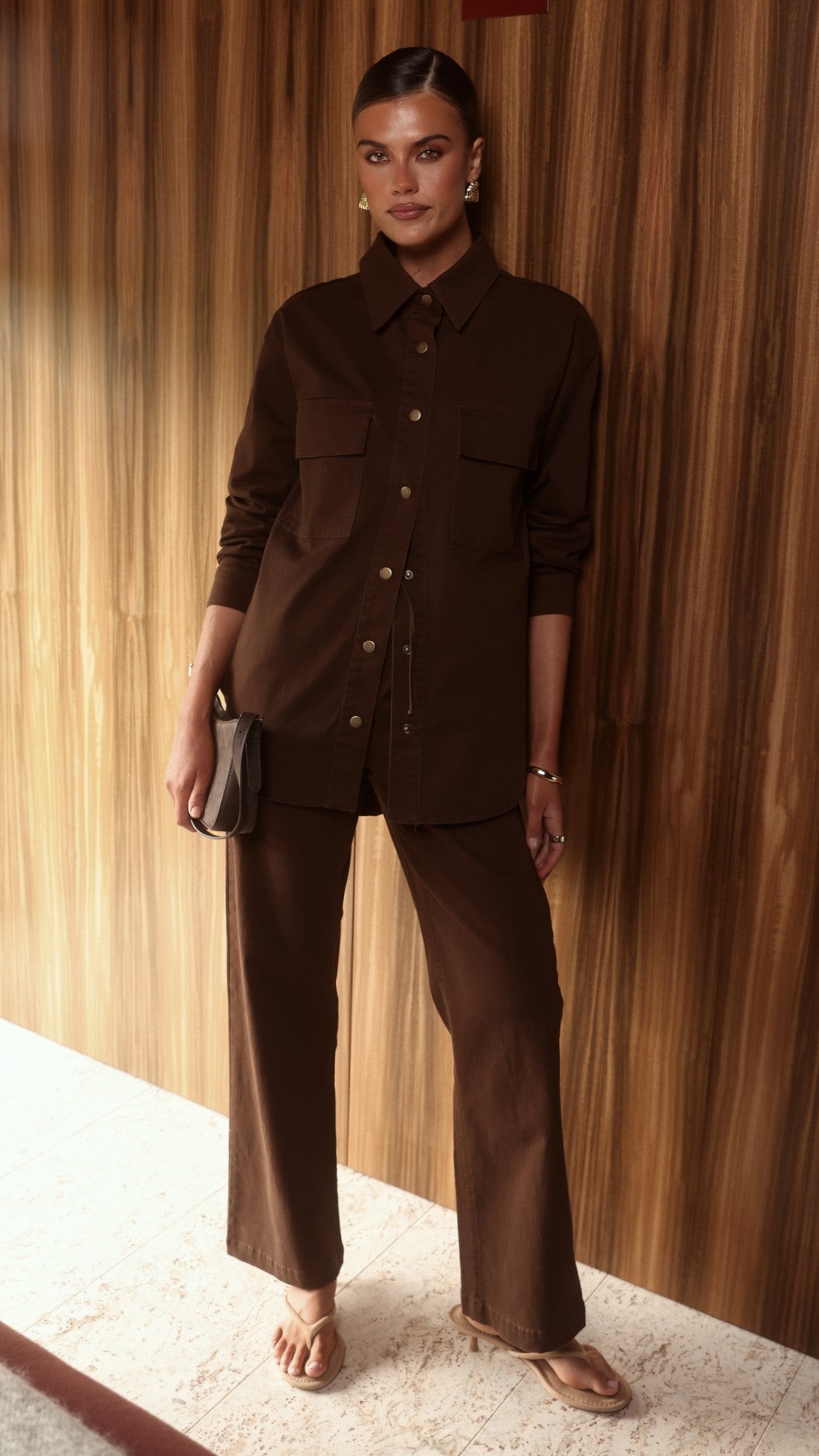 Zenia Collared Long Sleeve Denim Shirt with Pockets – Chocolate – view 7