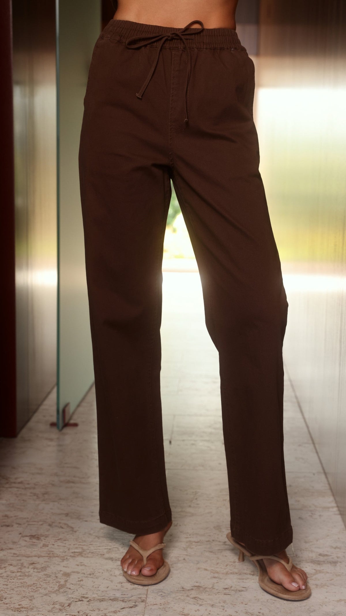 Zenia High Waisted Tie Waist Straight Leg Denim Trousers – Chocolate – view 3