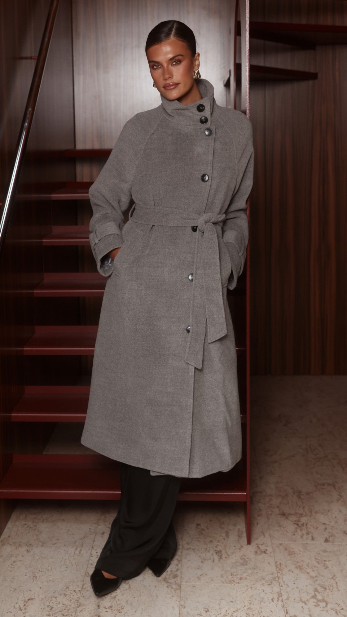 Eden Funnel Neck Longline Coat with Tie Belt – Grey – view 1