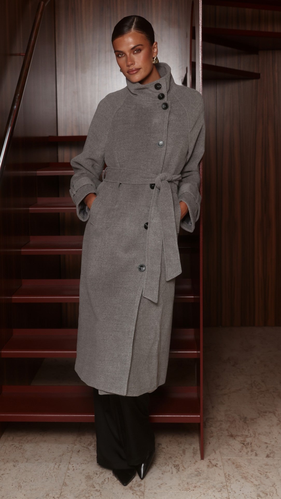 Eden Funnel Neck Longline Coat with Tie Belt – Grey – view 4