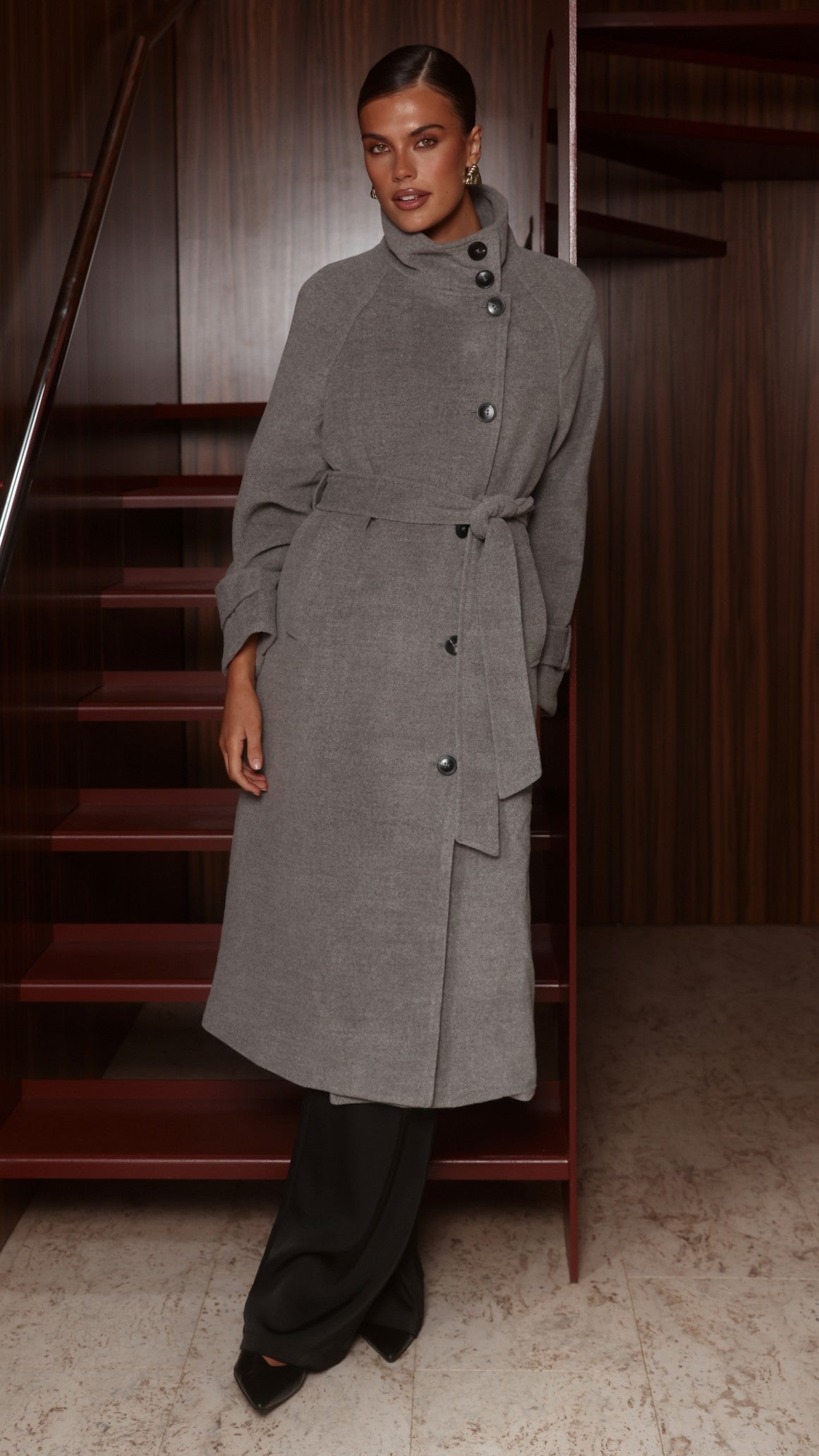 Eden Funnel Neck Longline Coat with Tie Belt – Grey