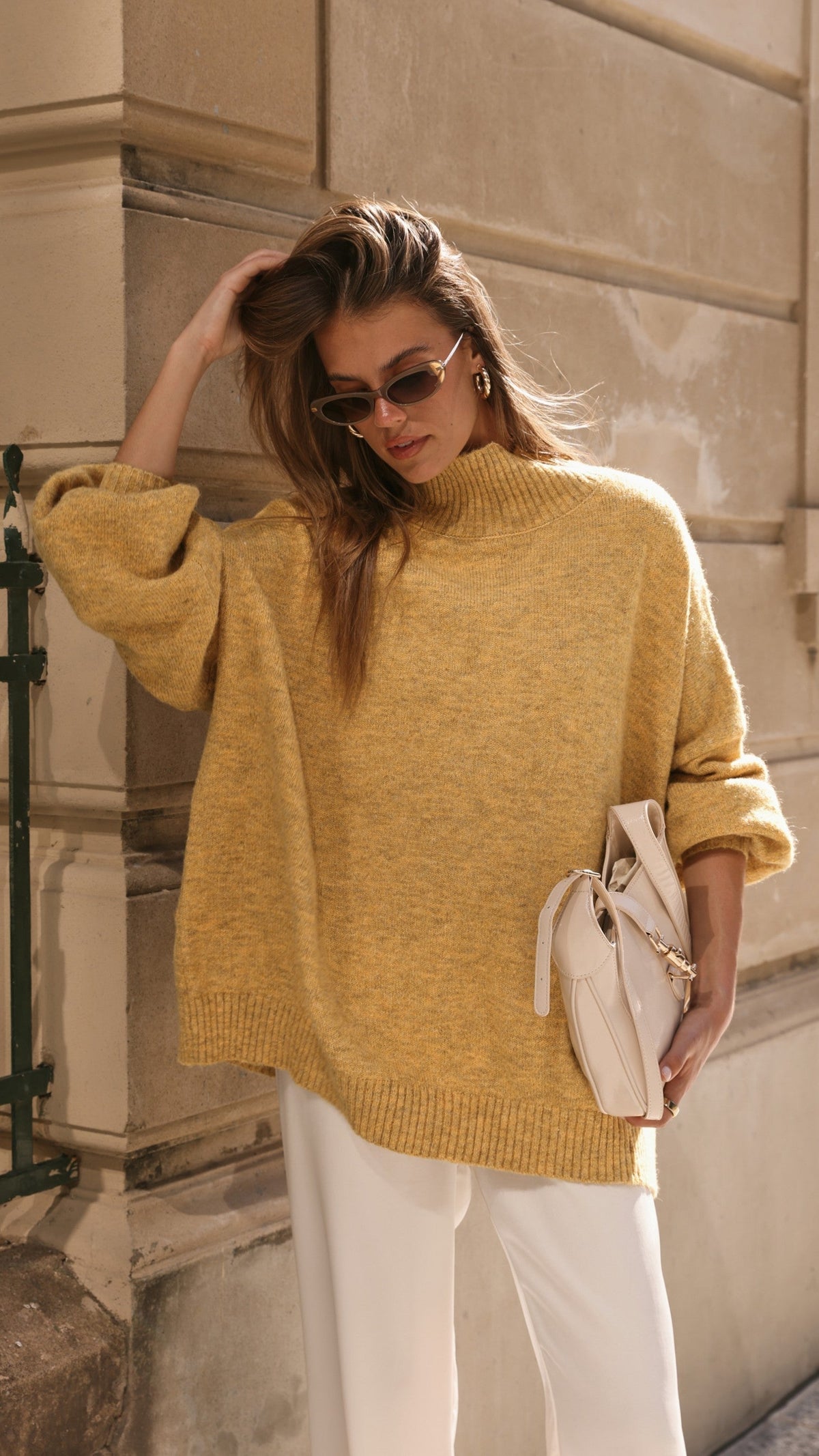 Harita Turtleneck Bell Sleeve Boxy Knit Jumper – Mustard – view 15