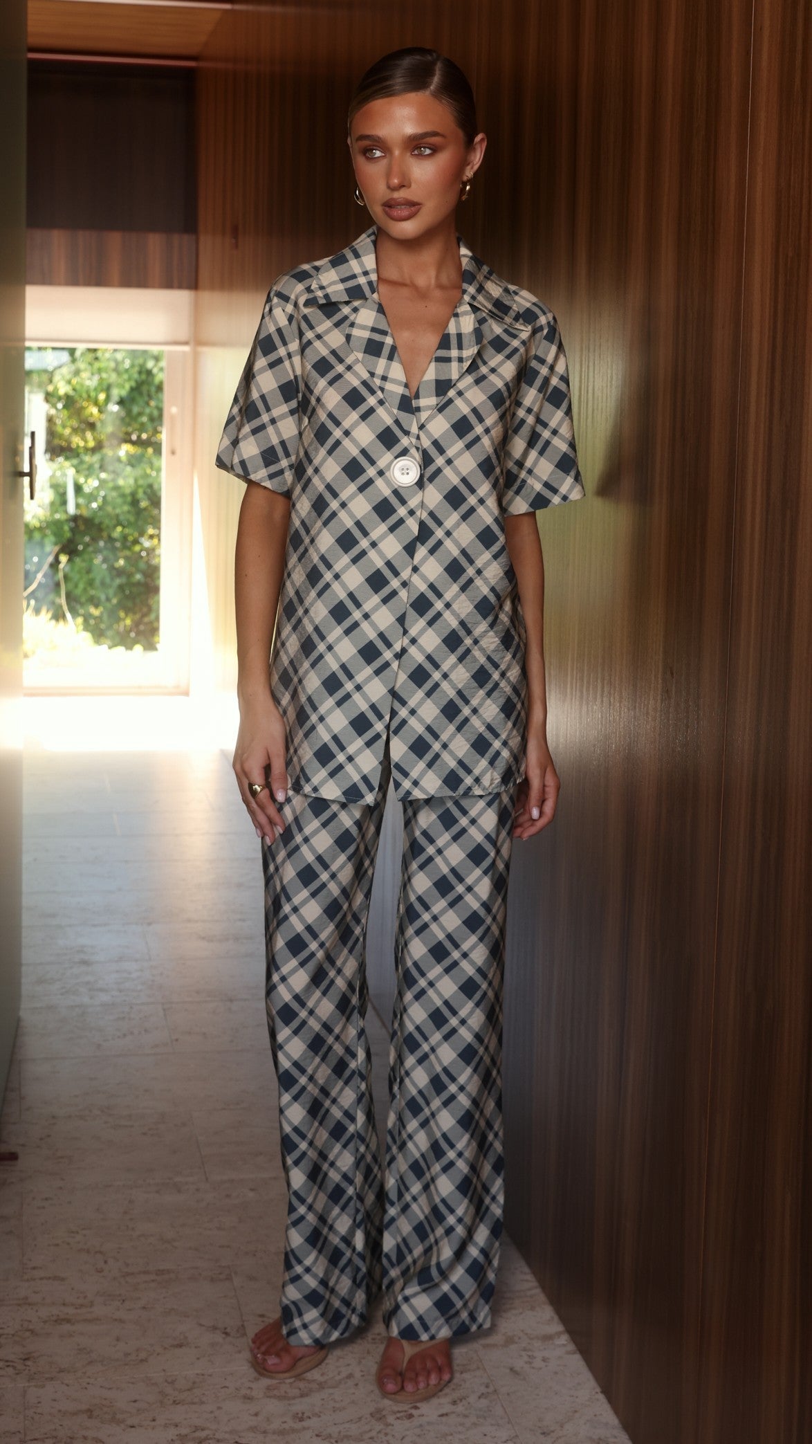 Imogen High Rise Wide Leg Elasticated Waist Trousers – Blue/Cream Plaid