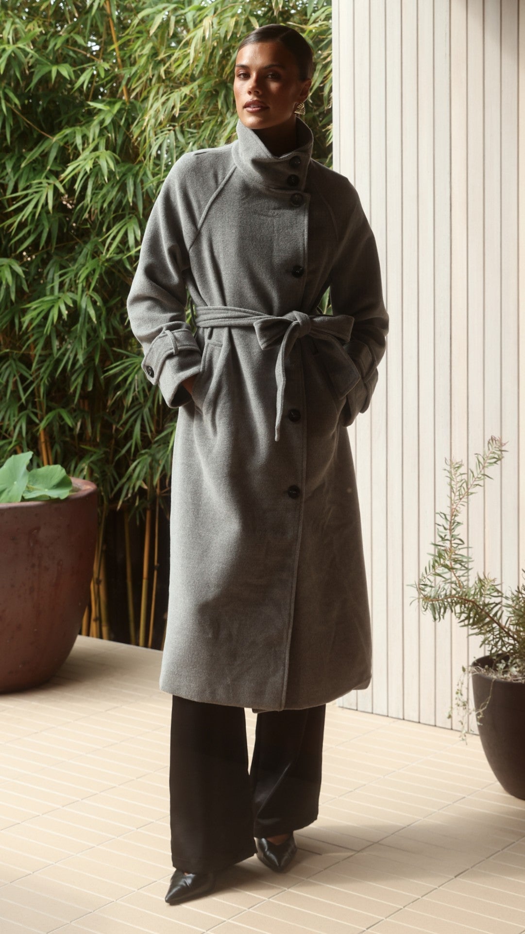 Eden Funnel Neck Longline Coat with Tie Belt – Grey – view 5