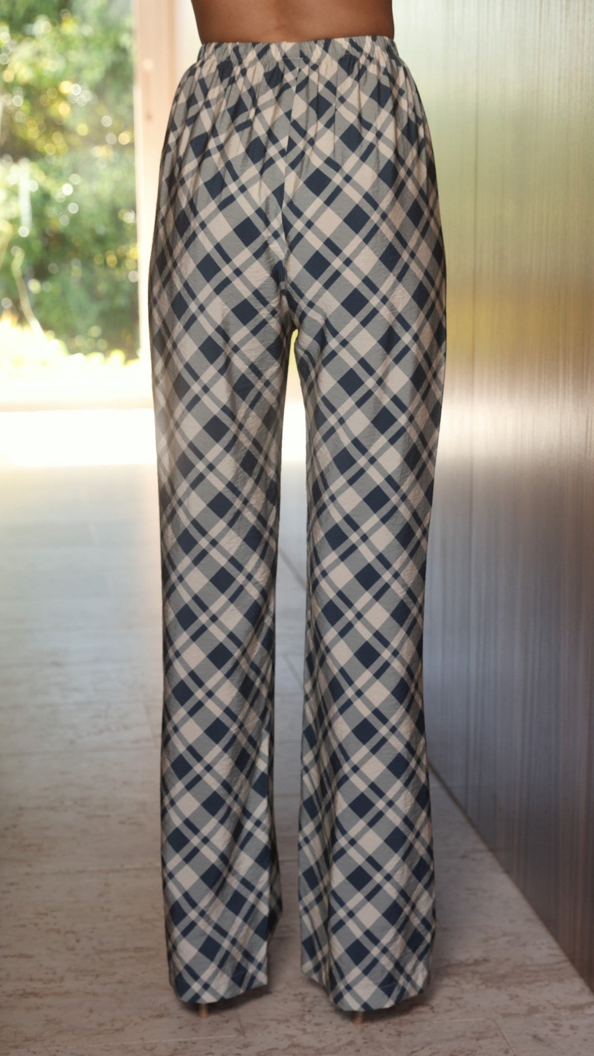 Imogen High Rise Wide Leg Elasticated Waist Trousers – Blue/Cream Plaid