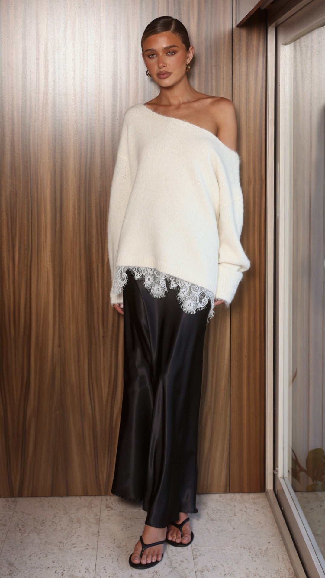 Lainey Asymmetric Off Shoulder Knit Top with Lace Hem – Cream