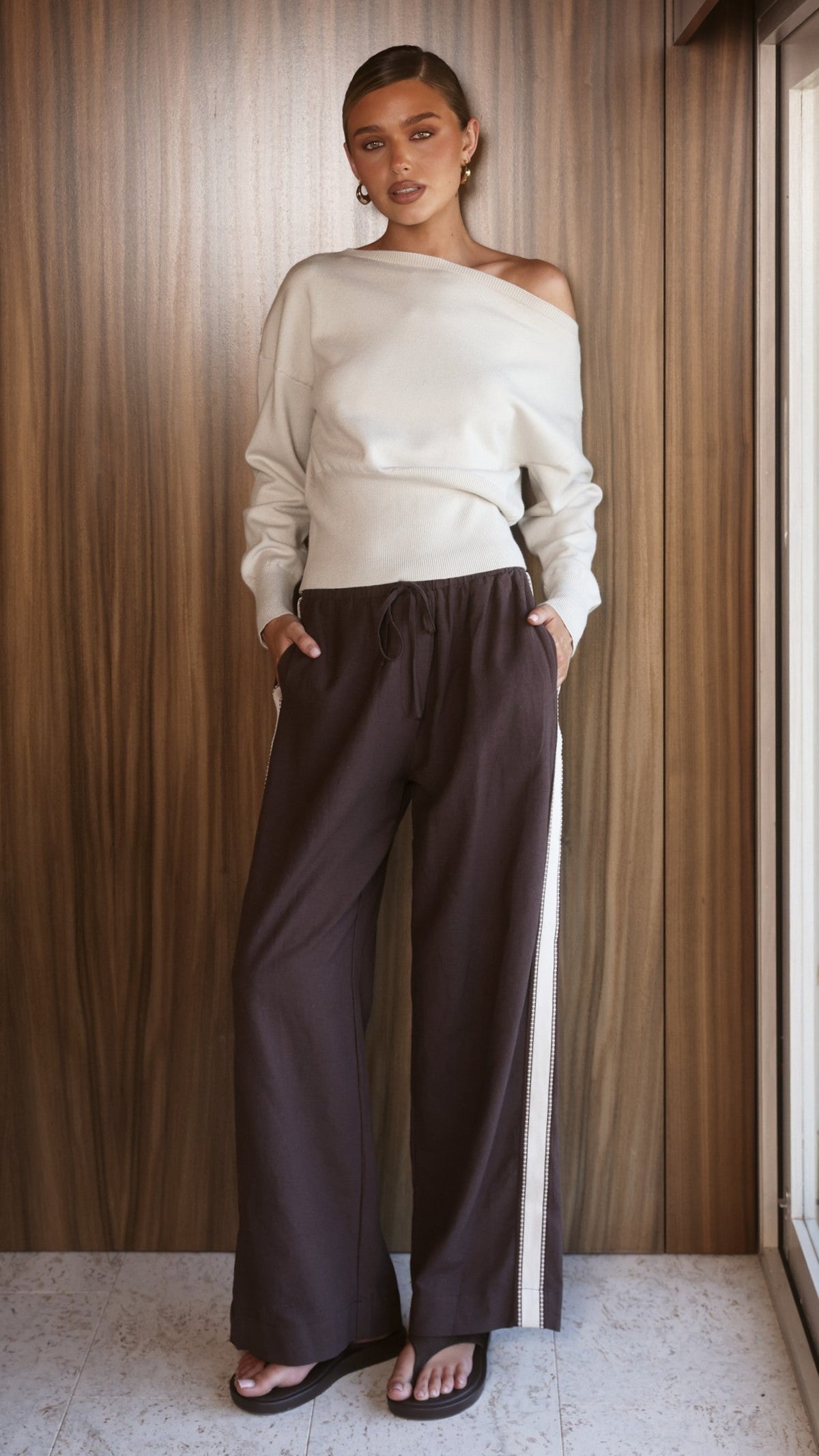 Talia Asymmetrical Off Shoulder Top with Cinched Waistband – Taupe – view 3