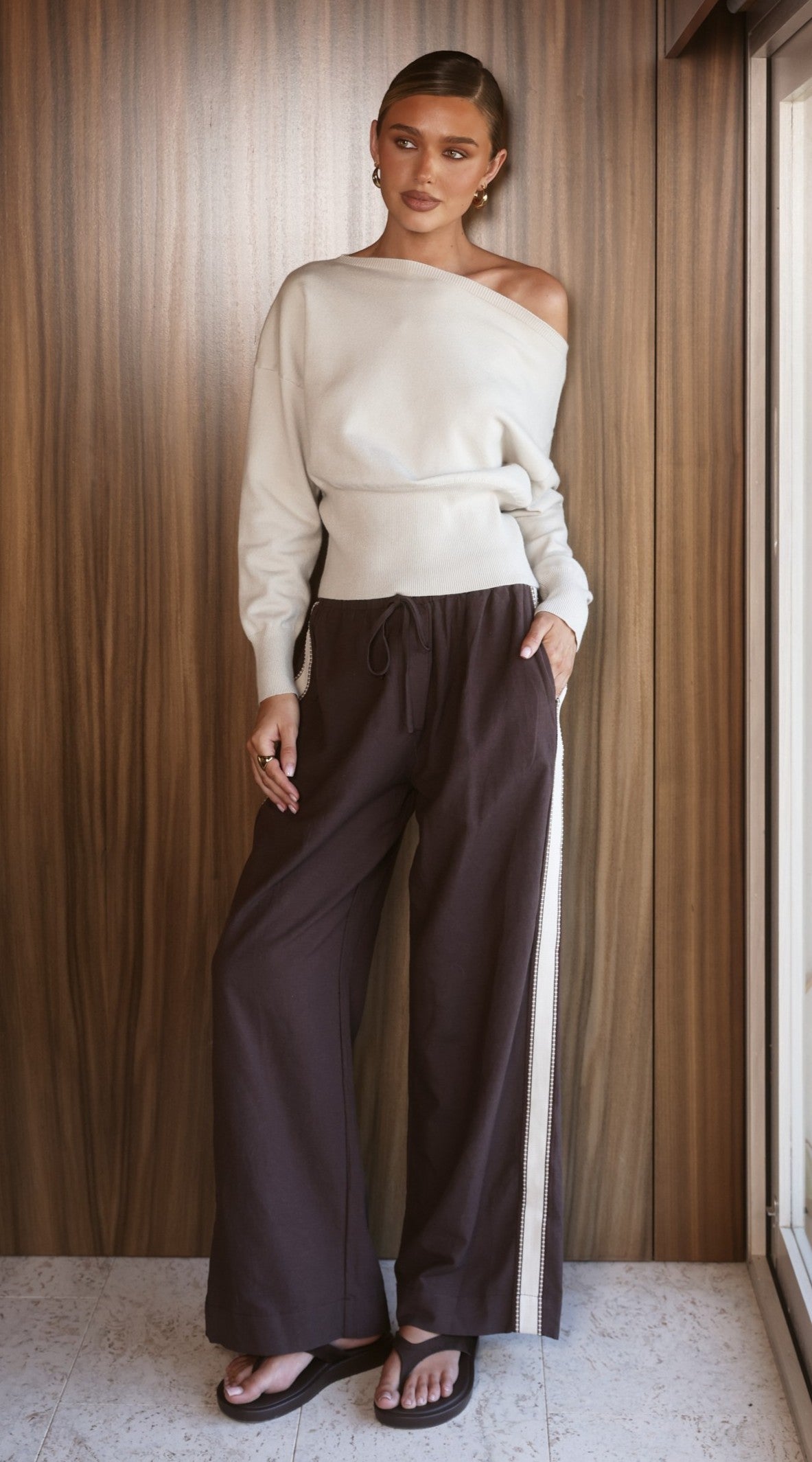Belara Straight Leg Side Stripe Trousers – Chocolate/Beige – view 5
