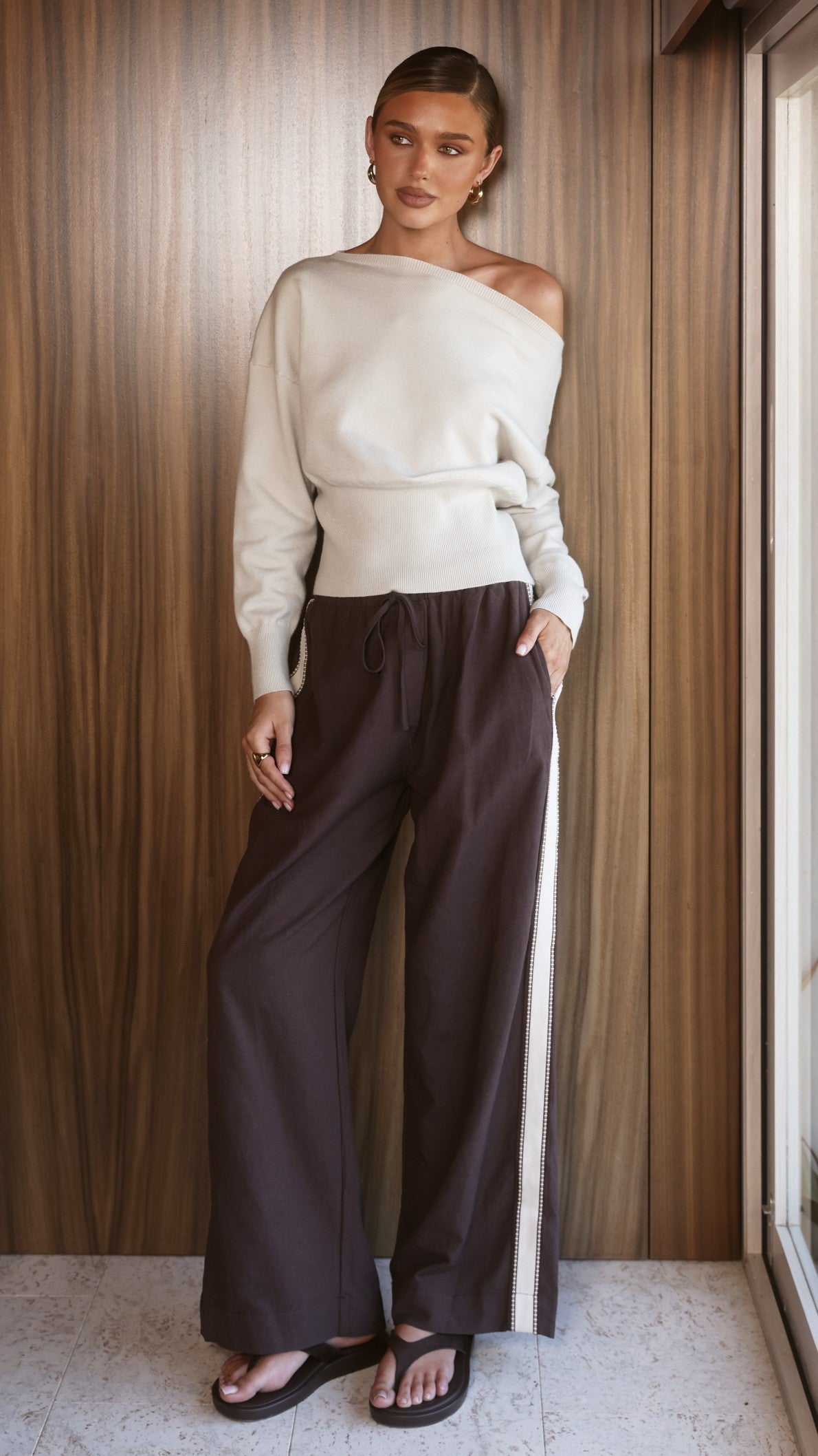 Talia Asymmetrical Off Shoulder Top with Cinched Waistband – Taupe – view 5