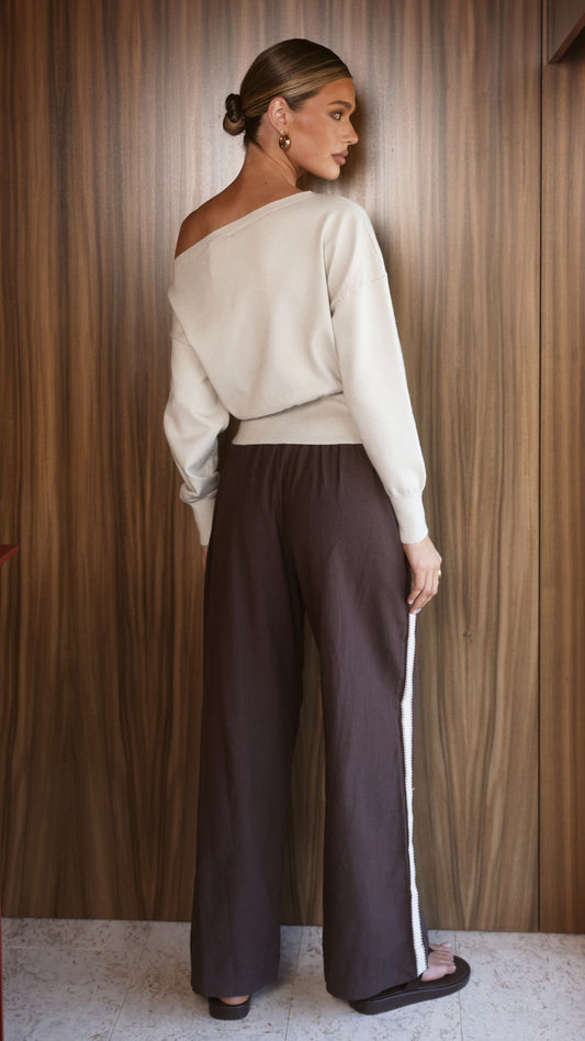 Belara Straight Leg Side Stripe Trousers – Chocolate/Beige
