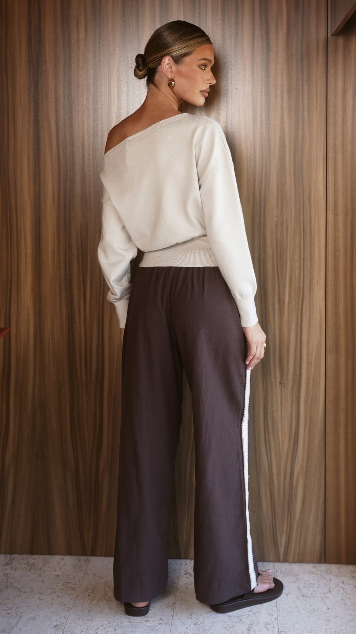 Talia Asymmetrical Off Shoulder Top with Cinched Waistband – Taupe – view 2