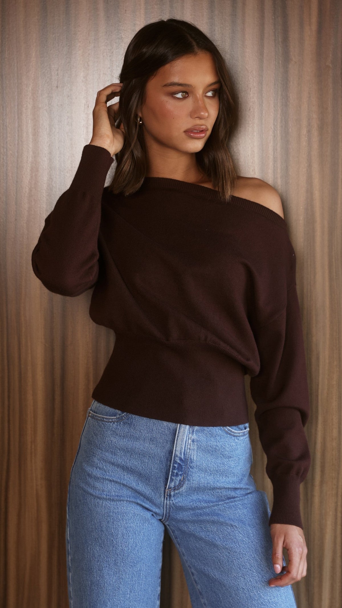 Talia Off Shoulder Long Sleeve Knit Top with Ribbed Cuffs – Chocolate – view 4