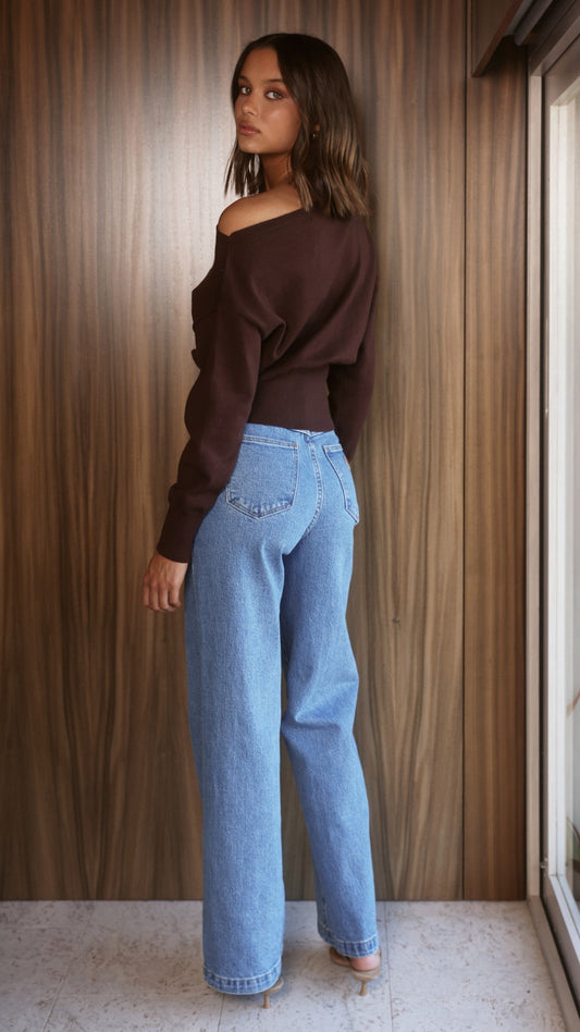 Talia Off Shoulder Long Sleeve Knit Top with Ribbed Cuffs – Chocolate – view 2