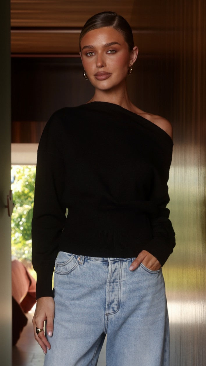 Talia Asymmetric Off Shoulder Knit Top with Elasticated Waist – Black – view 6