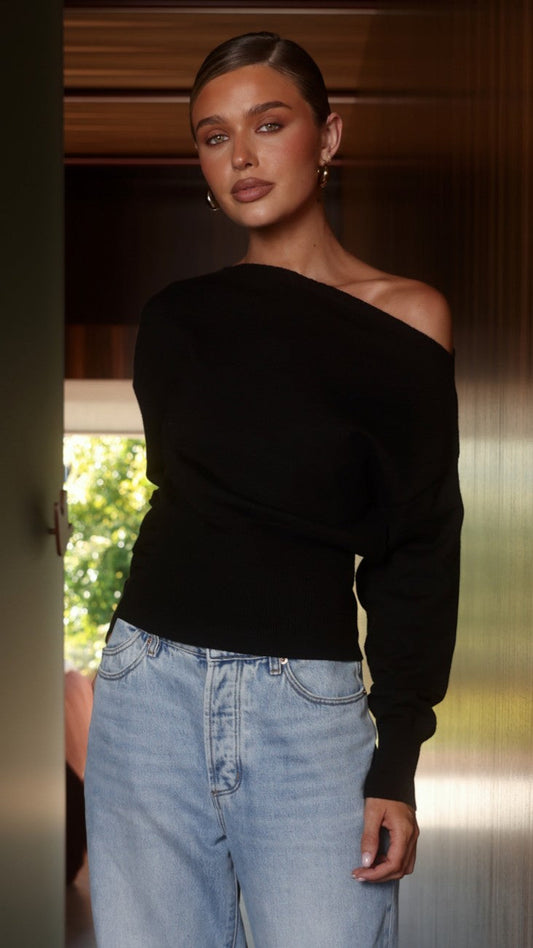 Talia Asymmetric Off Shoulder Knit Top with Elasticated Waist – Black