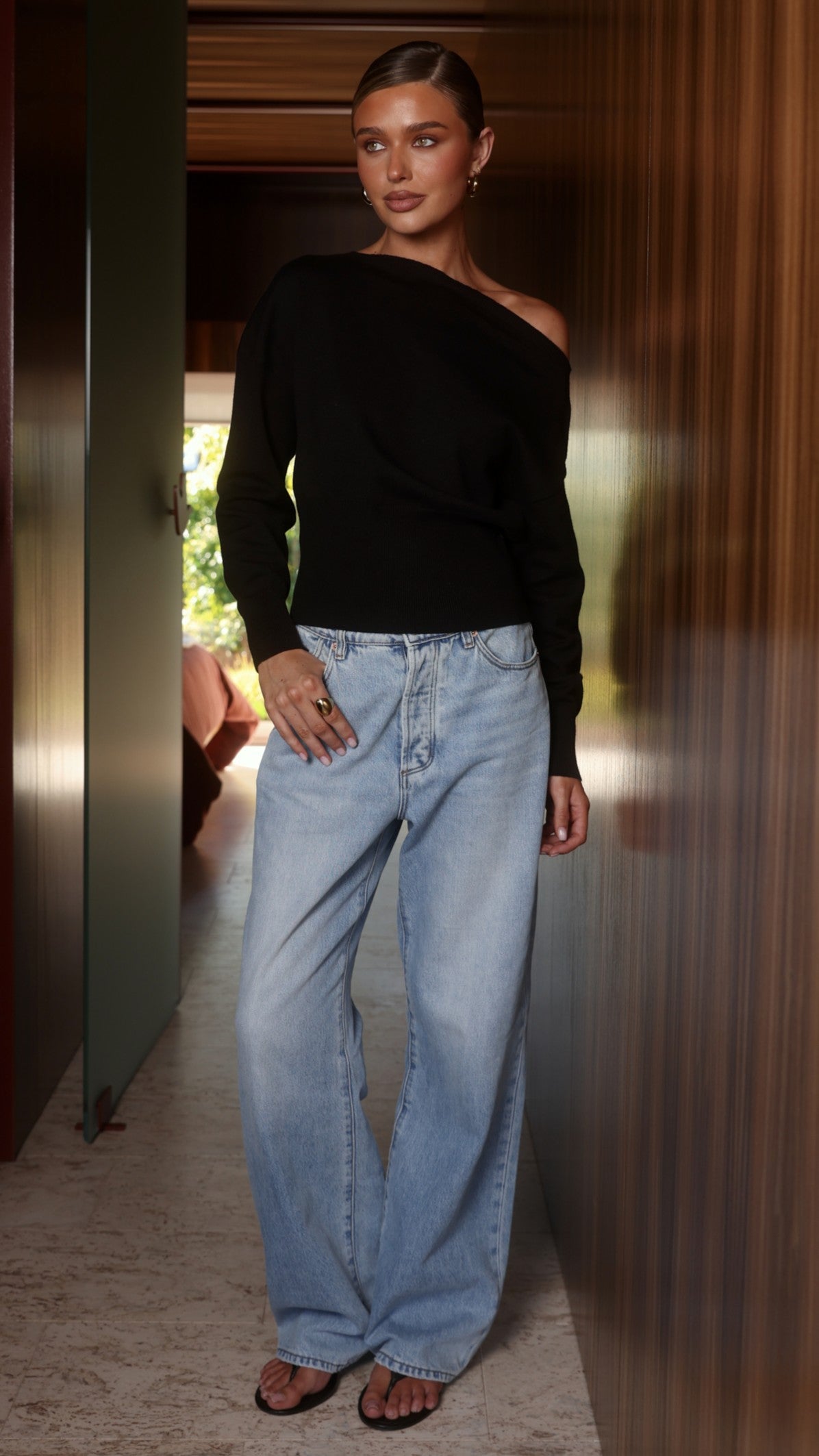Talia Asymmetric Off Shoulder Knit Top with Elasticated Waist – Black – view 7