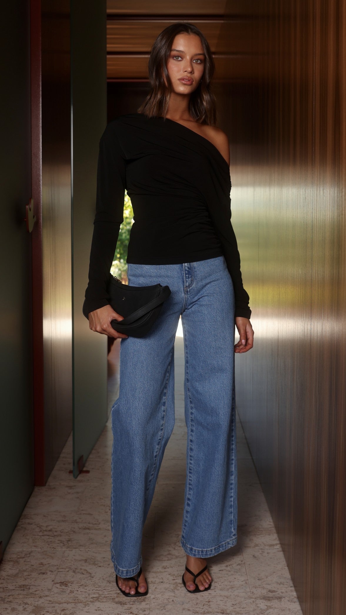 Sutton Off Shoulder Long Sleeve Top with Gathered Waist – Black
