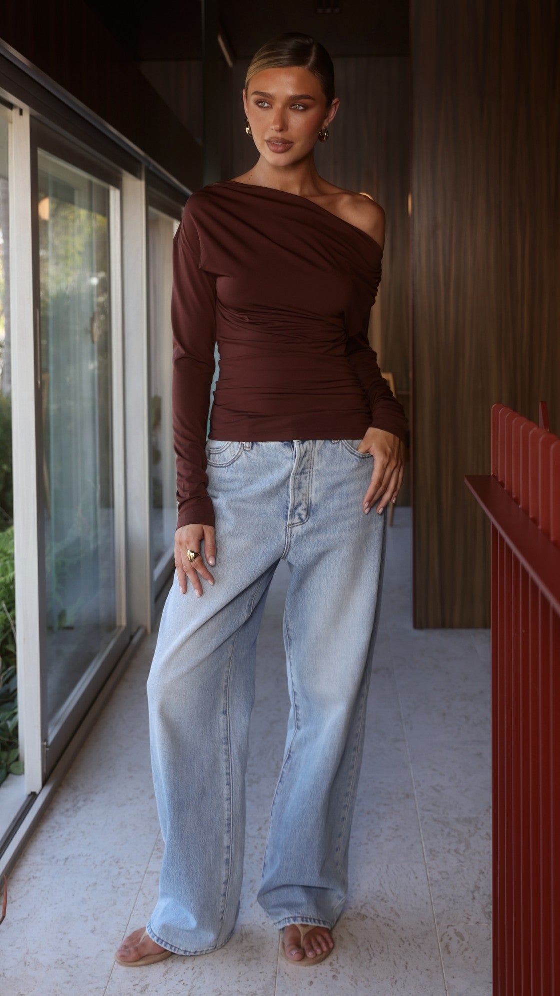 Sutton Wide Neck Off Shoulder Ruched Long Sleeve Top – Chocolate – view 3