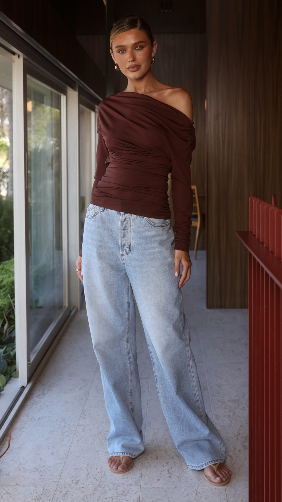 Sutton Wide Neck Off Shoulder Ruched Long Sleeve Top – Chocolate