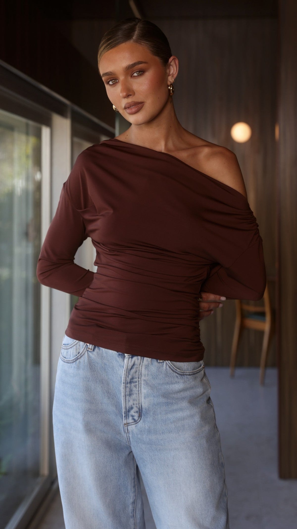 Sutton Wide Neck Off Shoulder Ruched Long Sleeve Top – Chocolate – view 5