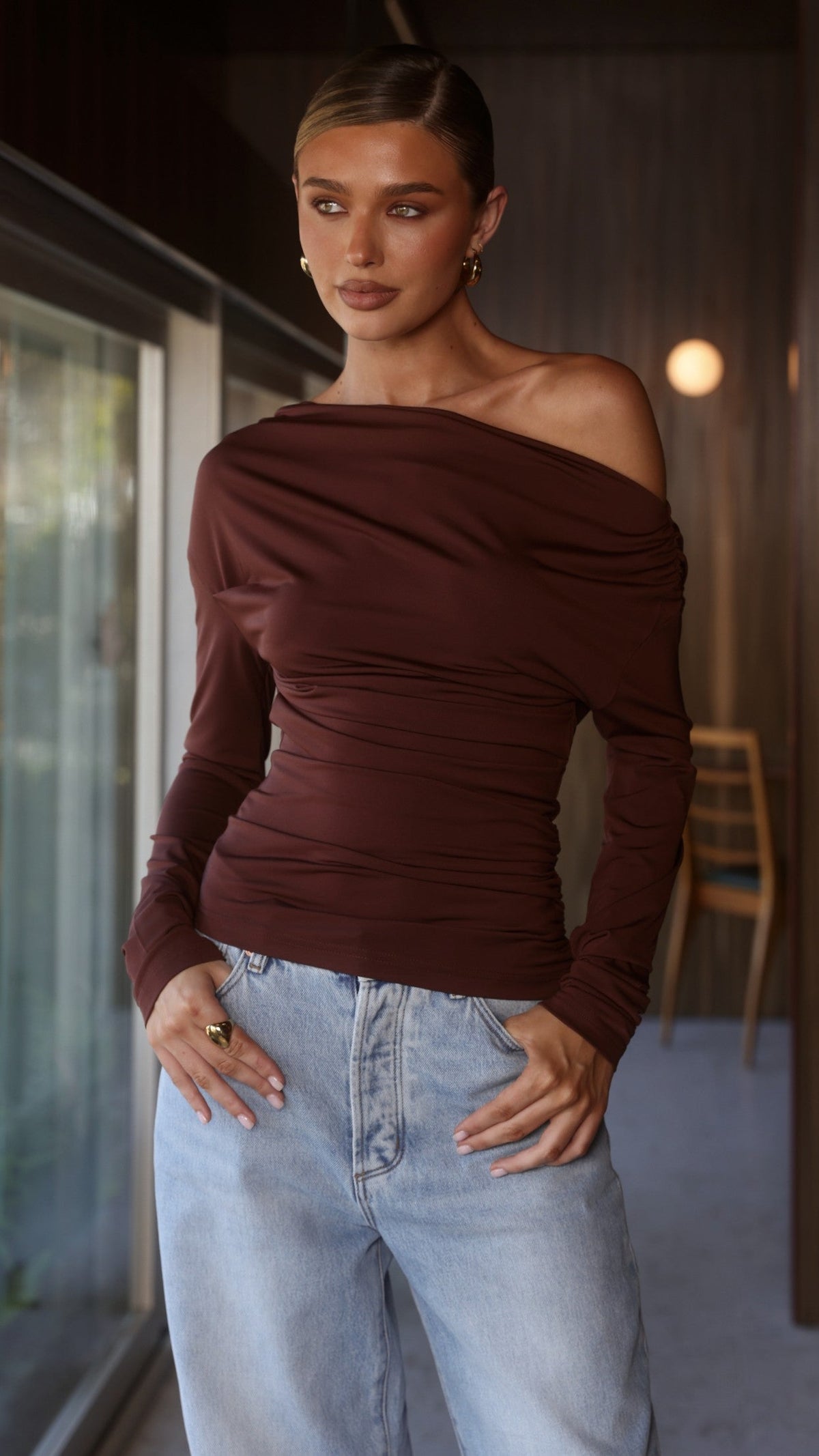 Sutton Wide Neck Off Shoulder Ruched Long Sleeve Top – Chocolate