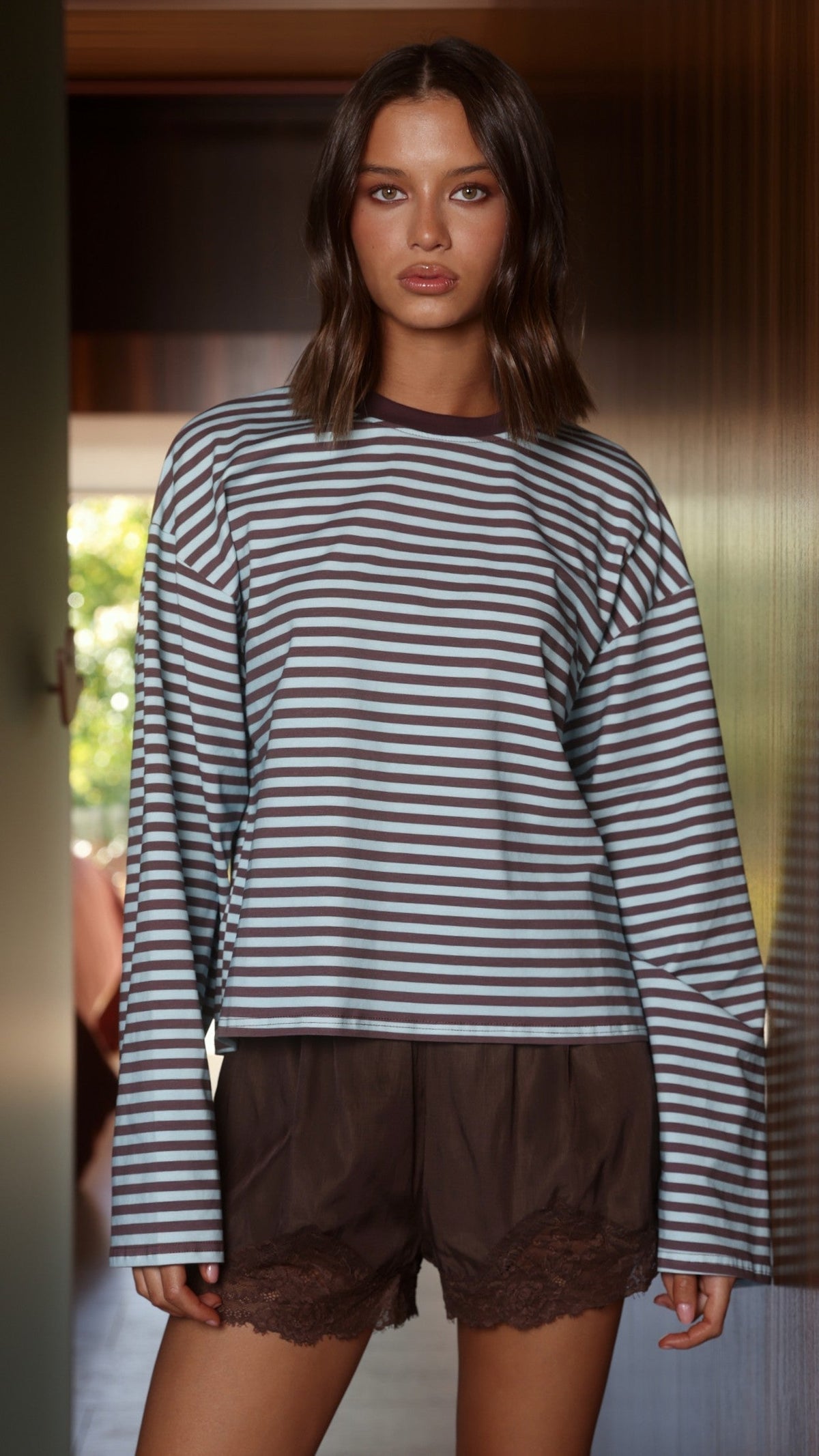 Solana Long Sleeve Top with Contrast Rib Crew Neck – Blue/Choc Stripe – view 4