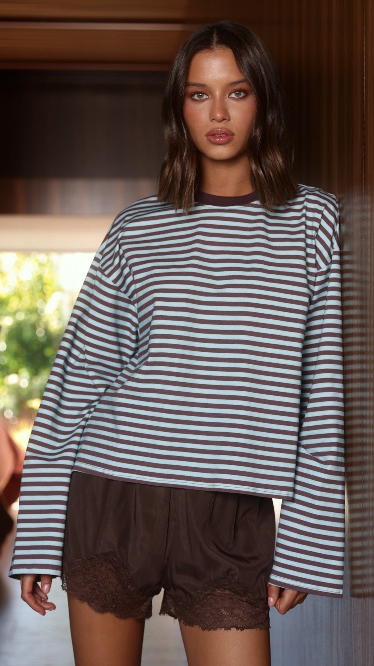 Solana Long Sleeve Top with Contrast Rib Crew Neck – Blue/Choc Stripe