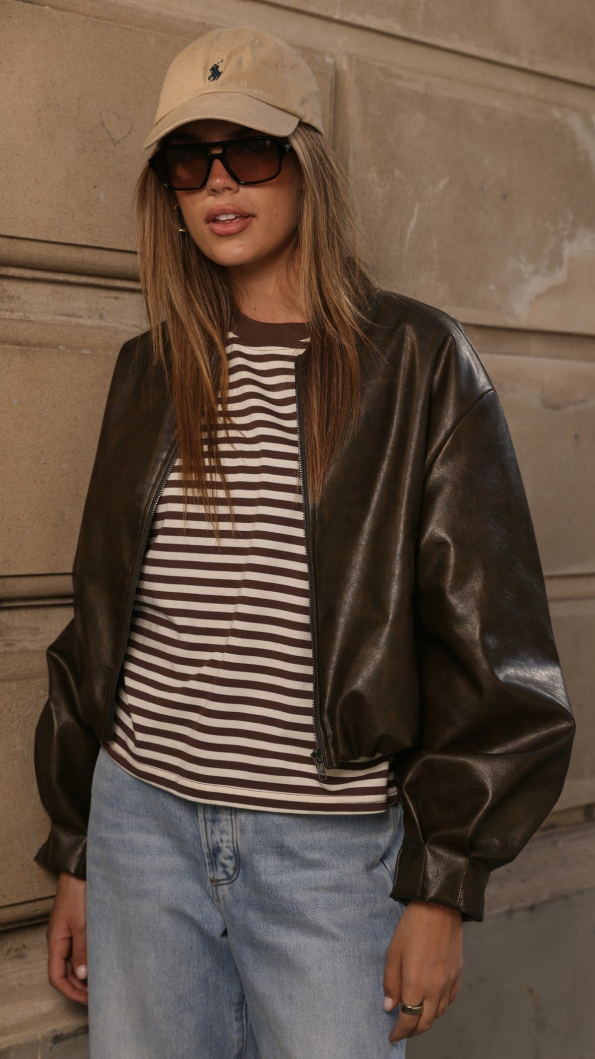 Jackson Faux Leather Bomber Jacket with Silver Zip – Vintage Brown