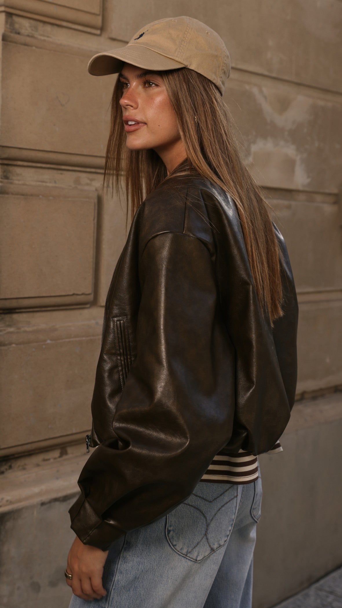 Jackson Faux Leather Bomber Jacket with Silver Zip – Vintage Brown