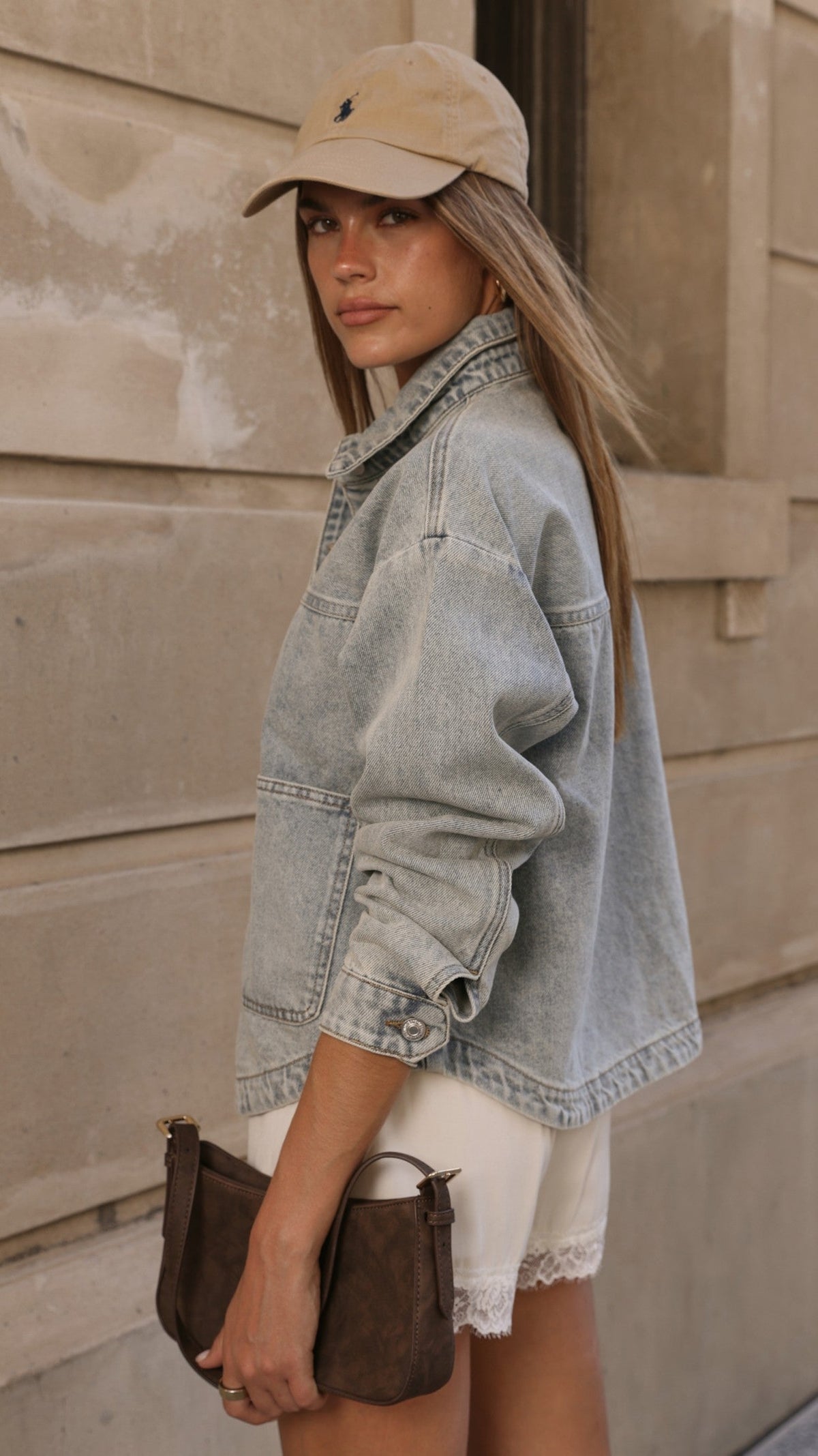 Franklyn Collared Cotton Denim Jacket with Silver Buttons – Stone Wash – view 2
