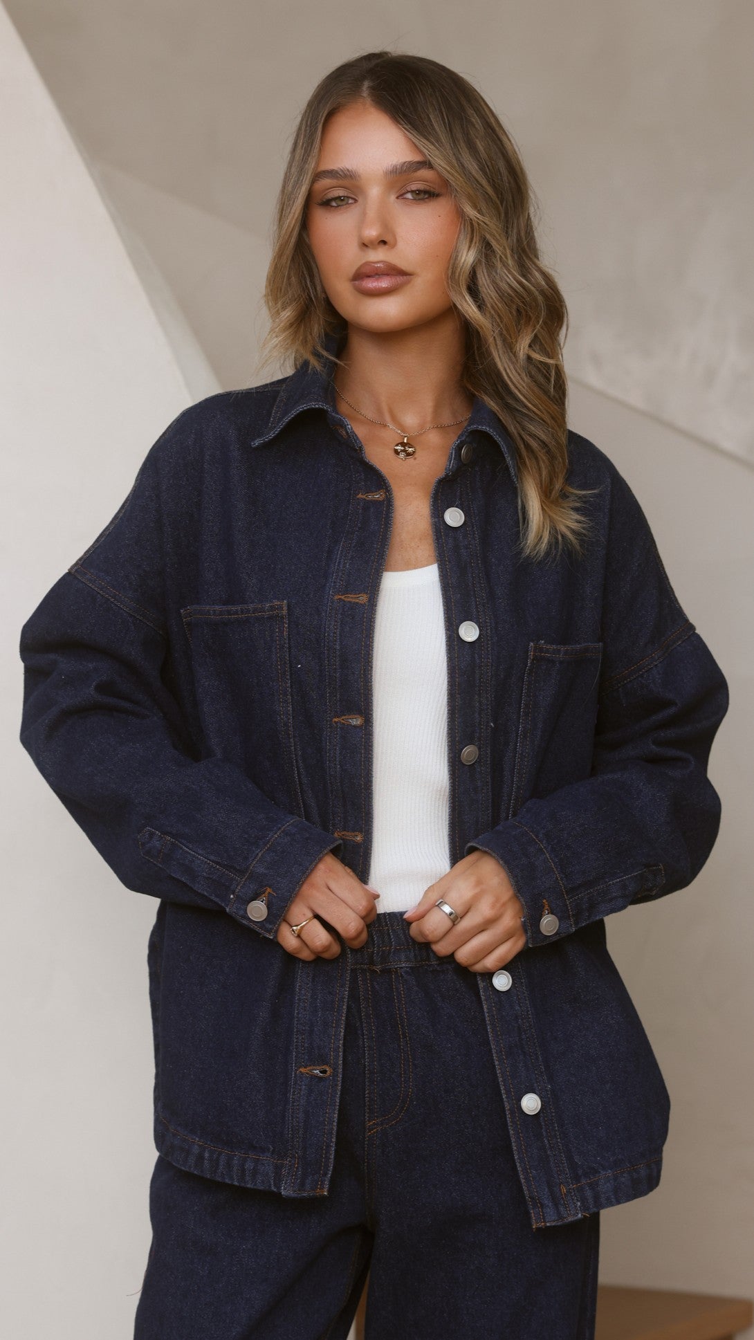 Zina Press Stud Collared Denim Jacket – Dark Blue – view 4