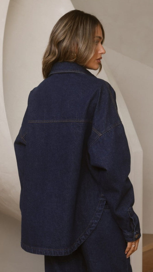 Zina Press Stud Collared Denim Jacket – Dark Blue – view 2