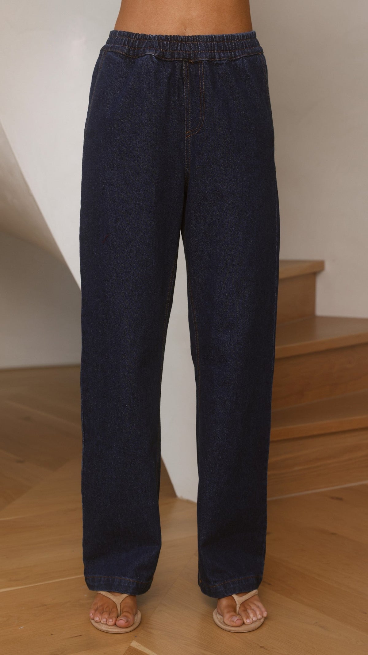 Zina Elasticated Waist Wide Leg Rigid Denim Trousers – Dark Blue – view 3