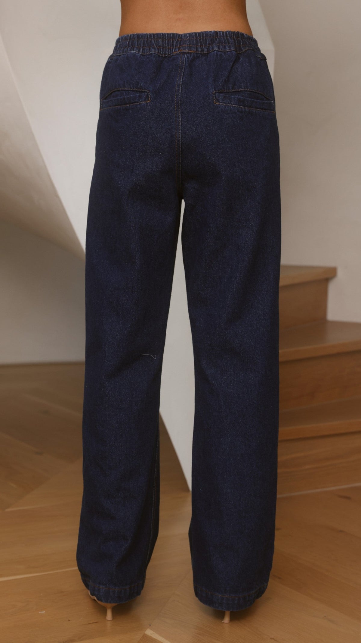 Zina Elasticated Waist Wide Leg Rigid Denim Trousers – Dark Blue – view 6