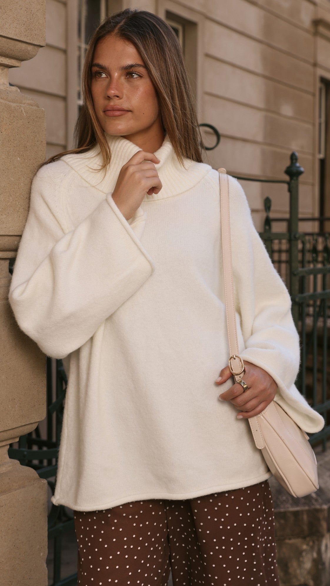 Jacques Ribbed Cowl Neck Wide Sleeve Knit Jumper – White – view 2