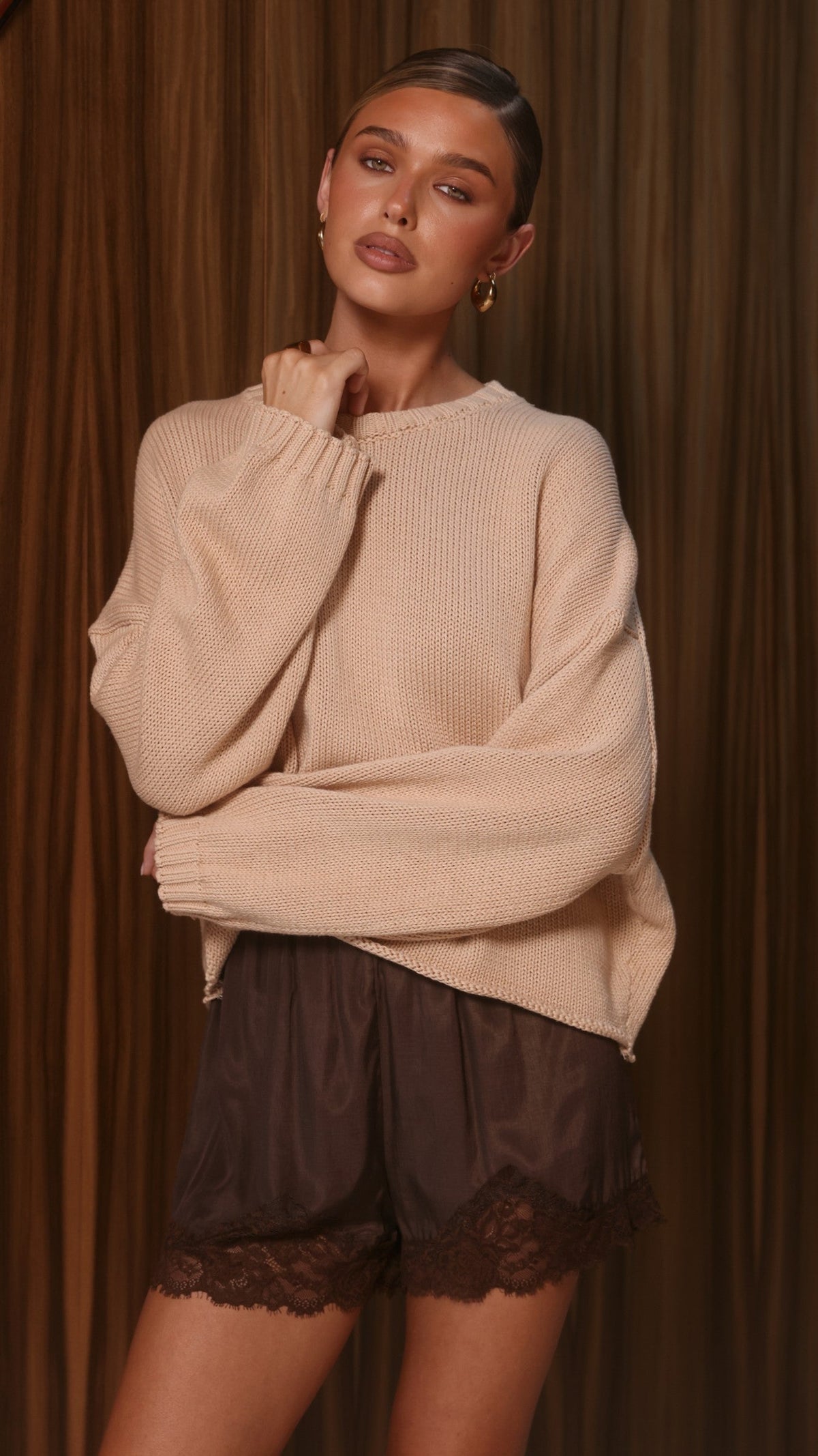 Melbourne Relaxed Crew Neck Raw Hem Cotton Knit Jumper – Beige – view 1