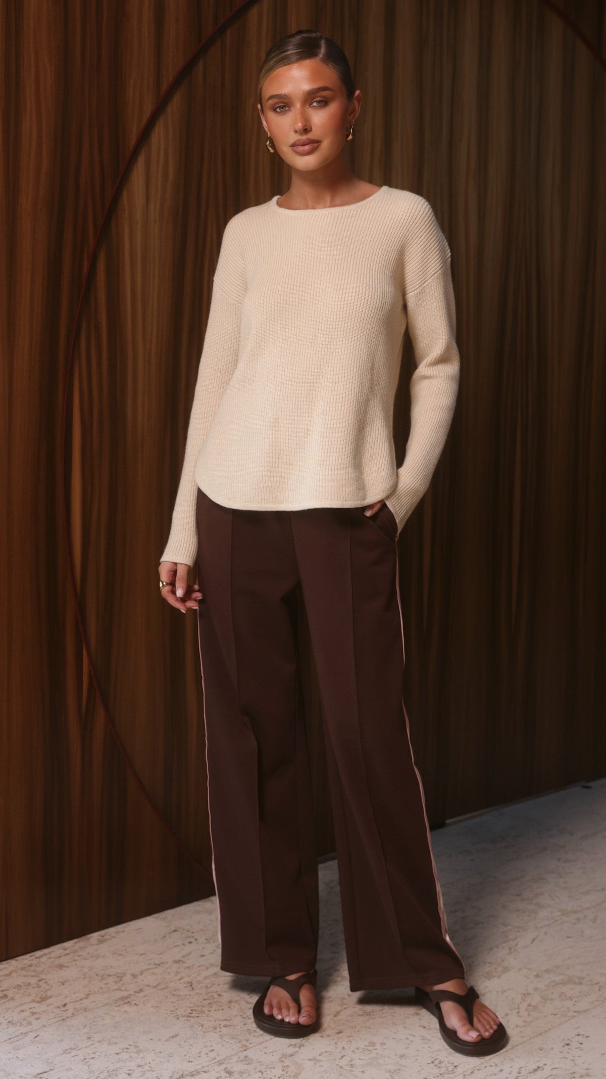 Isaiah Racer Stripe Pleated High Waisted Trackpants – Chocolate/Pink – view 8