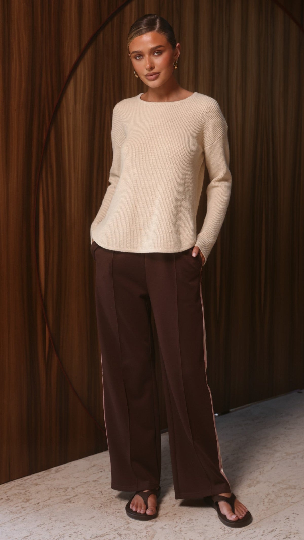 Isaiah Racer Stripe Pleated High Waisted Trackpants – Chocolate/Pink – view 5