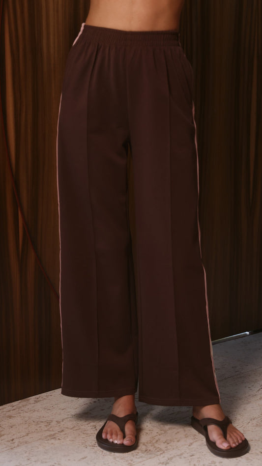 Isaiah Racer Stripe Pleated High Waisted Trackpants – Chocolate/Pink