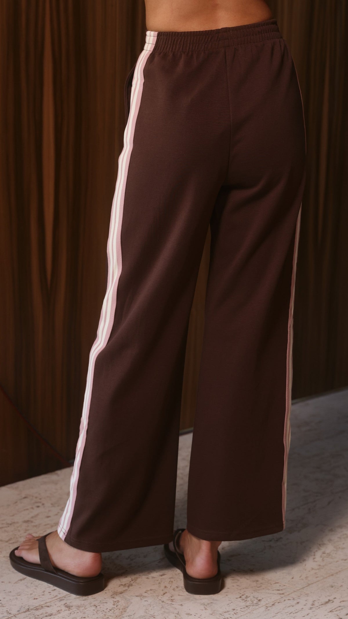 Isaiah Racer Stripe Pleated High Waisted Trackpants – Chocolate/Pink – view 7