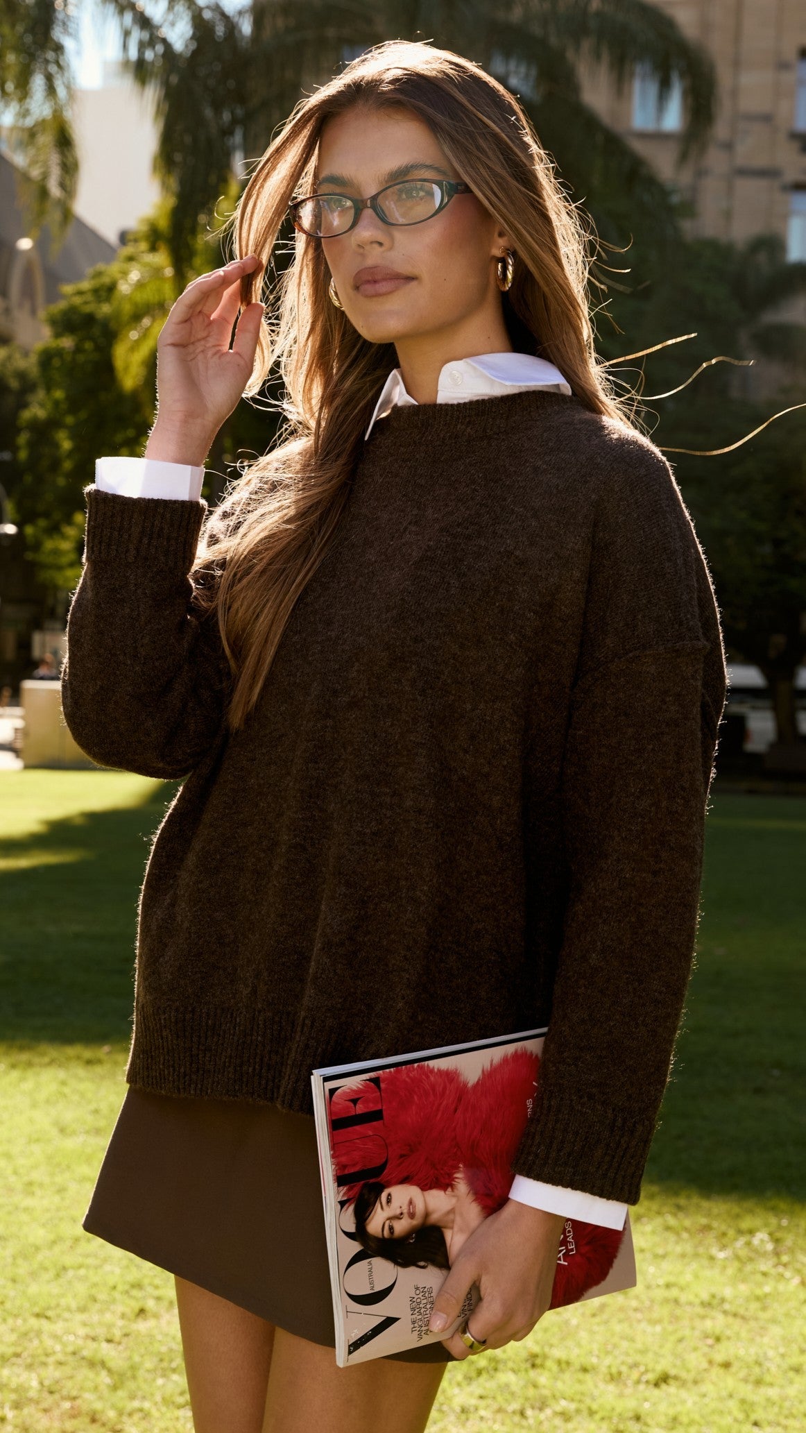 Haven Oversized Crew Neck Exposed Seam Knit Jumper – Chocolate – view 6